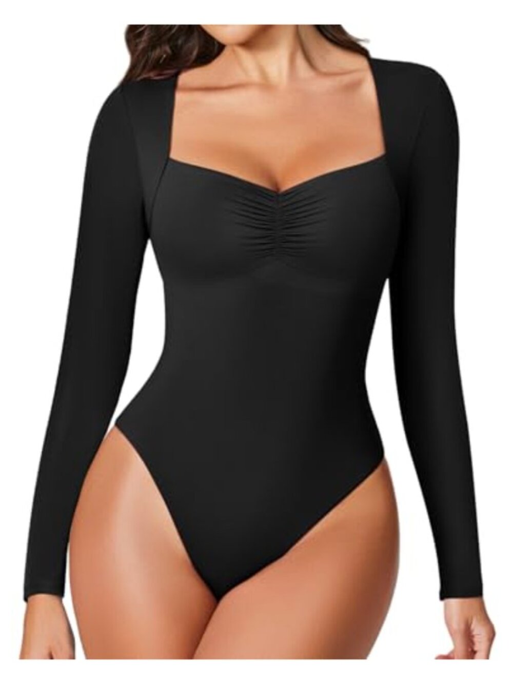 Long Sleeve Sweetheart Neckline Ruched Bodysuit Top Double Lined Thong